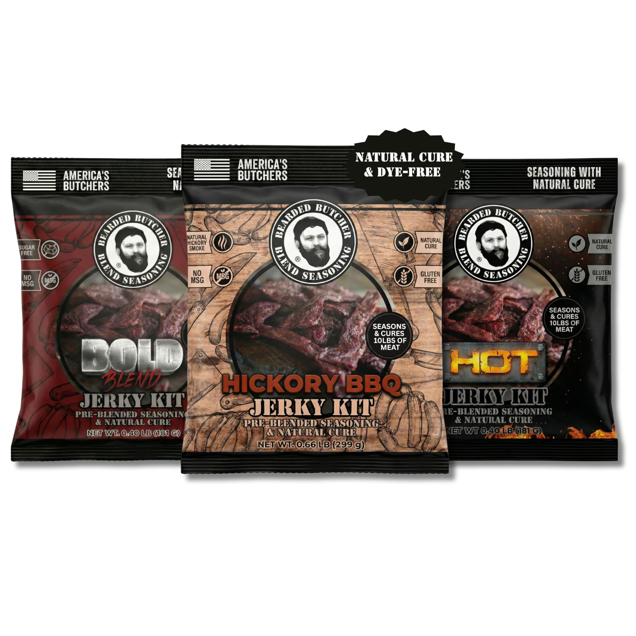 Bearded Butcher Blend pack front view showing three flavor packets and convenience