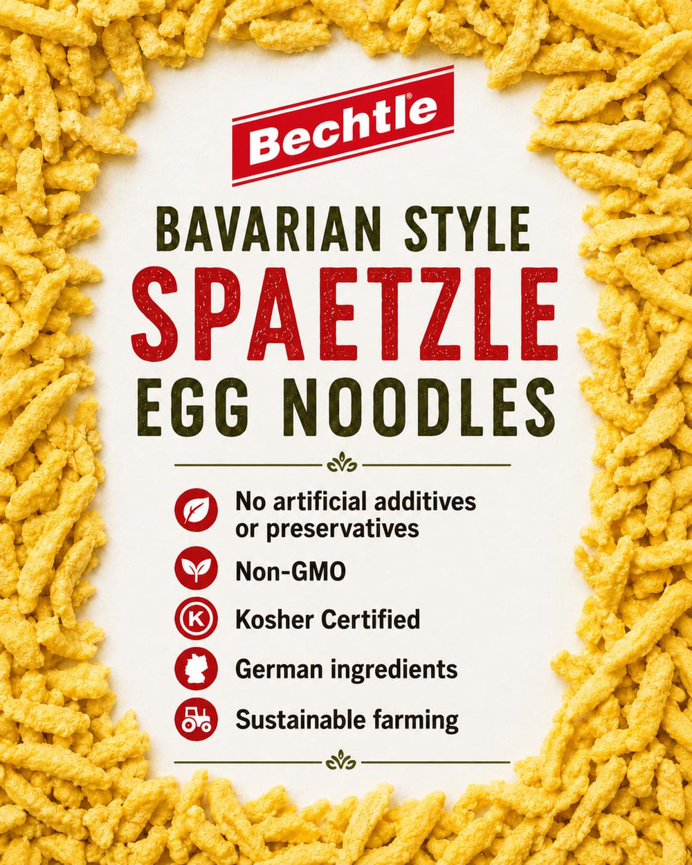 Bechtle ingredients display with cage‑free eggs and durum wheat communicating natural quality