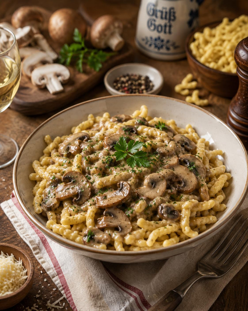 Bechtle spaetzle served on a set table in a German-style meal for authentic dining inspiration
