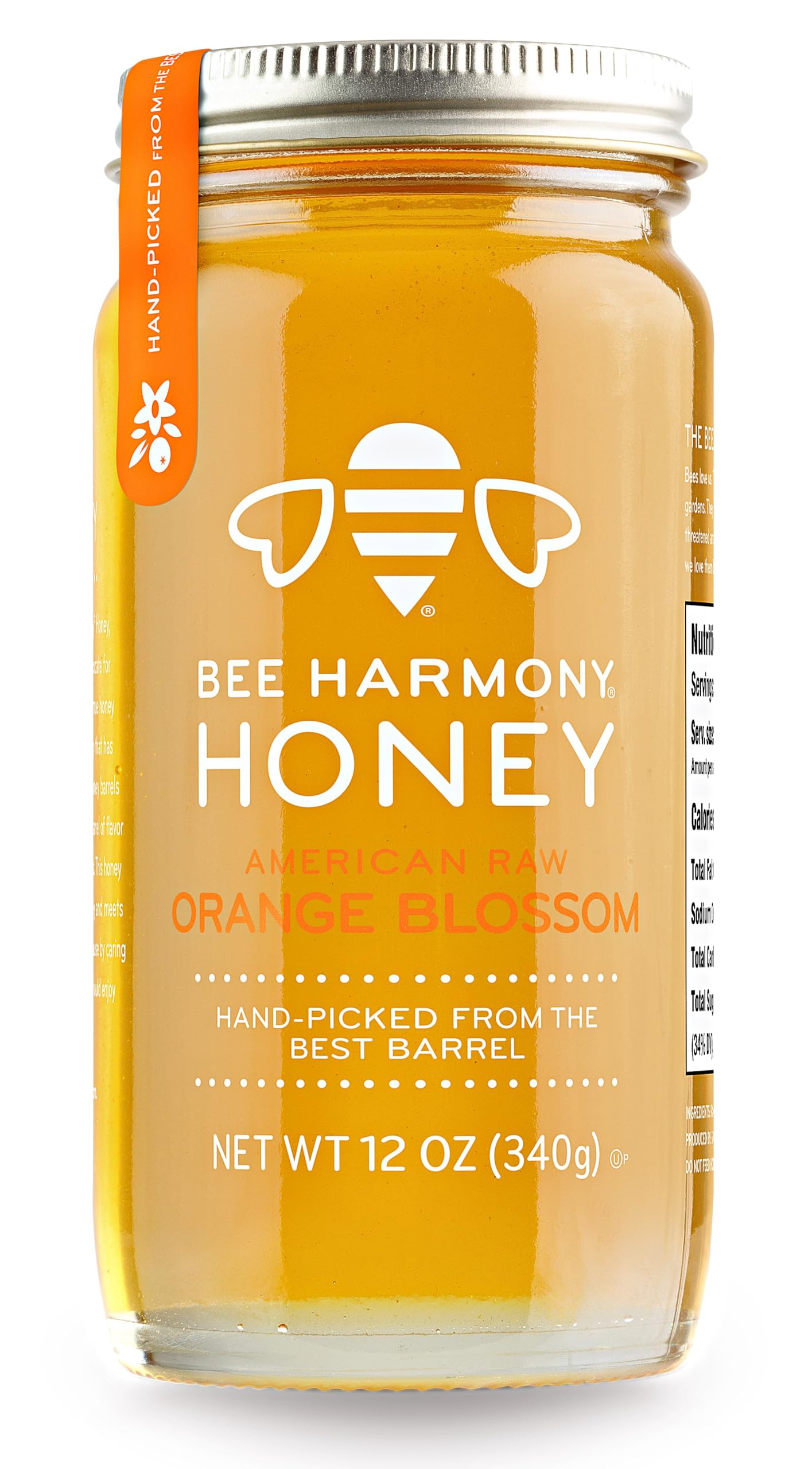 Bee Harmony front label showing orange blossom honey and clear glass jar for transparency