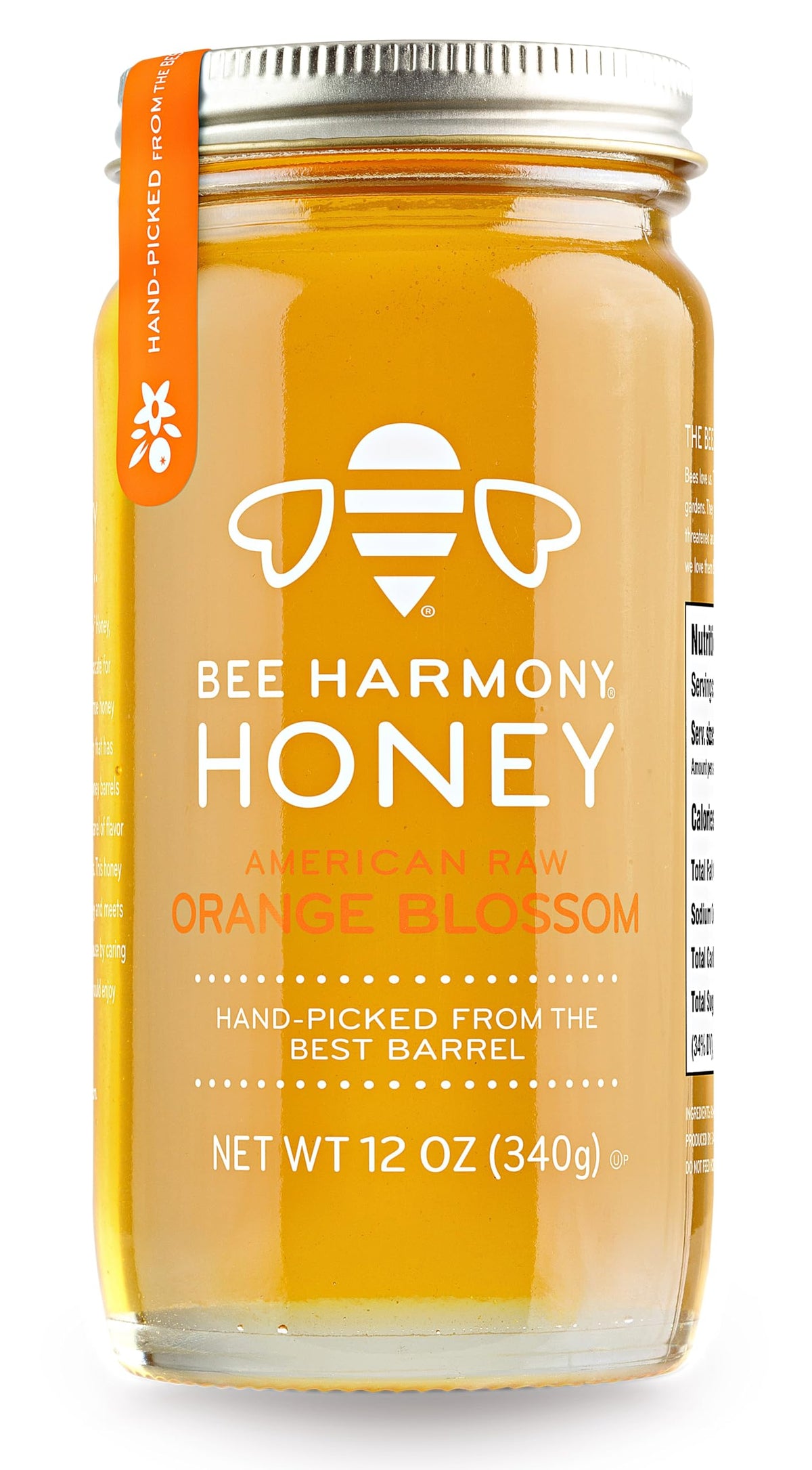 Bee Harmony front label showing orange blossom honey and clear glass jar for transparency
