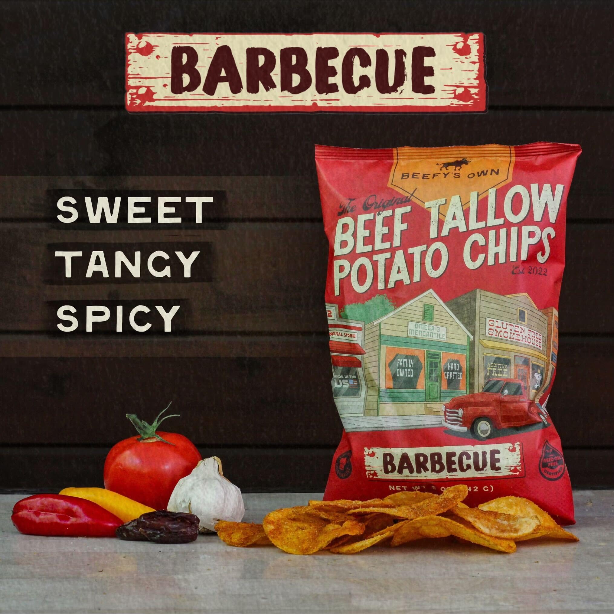Beefy's Own close-up of chip texture highlighting hearty crunch