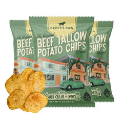 Beefy's Own front packaging showing sour cream and onion flavor and clear benefits