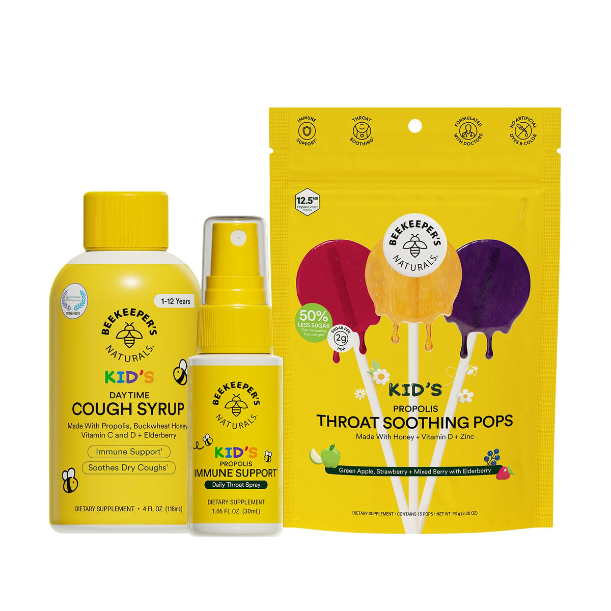 Beekeeper's Naturals bundle front packaging showing three kid products and clear benefits