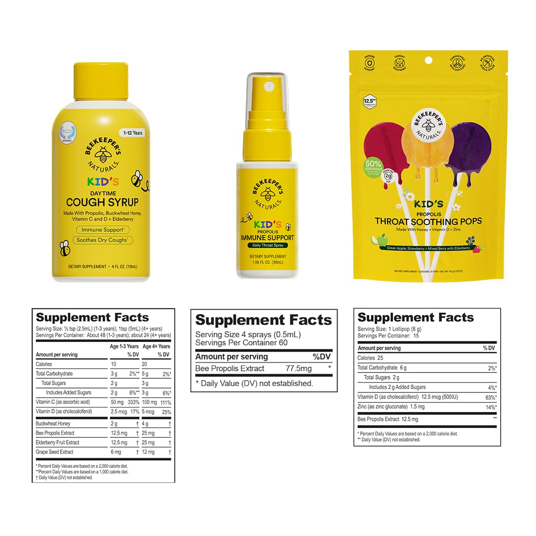Beekeeper's Naturals bundle on kitchen counter showing family-ready immune support