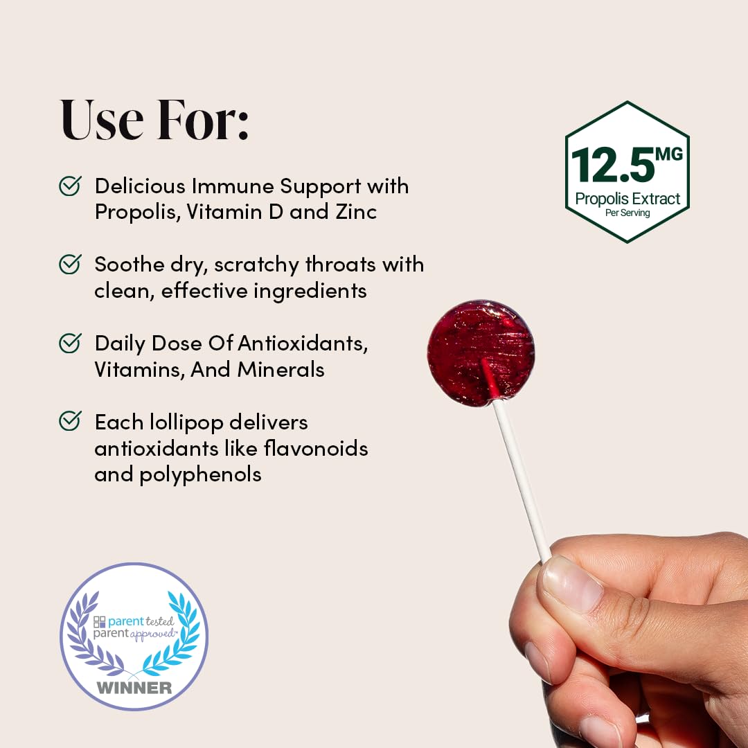 Beekeeper's Naturals throat-soothing lollipops in three flavors for child-friendly relief