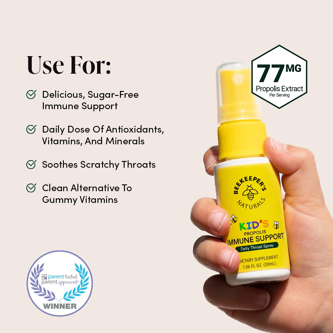 Beekeeper's Naturals propolis throat spray close-up illustrating fast soothing action