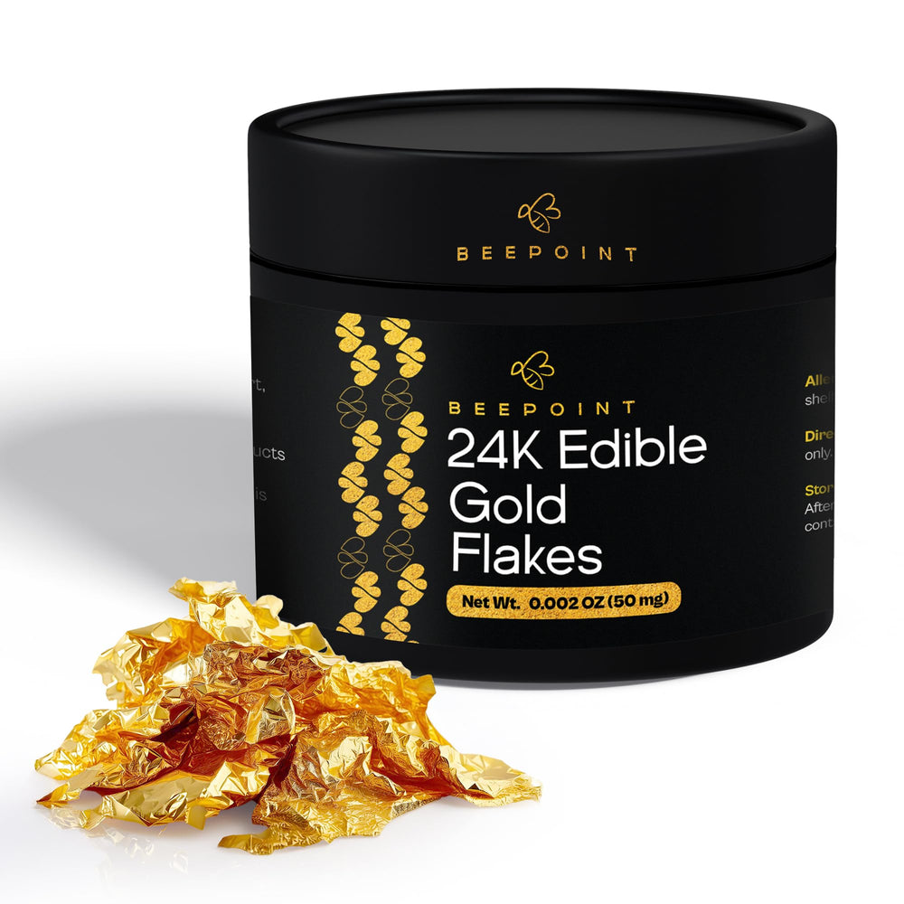 BeePoint bottle front view showing elegant 24K gold flakes packaging and premium appeal