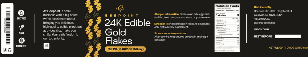 BeePoint open bottle with loose 24K edible gold flakes ready for garnish