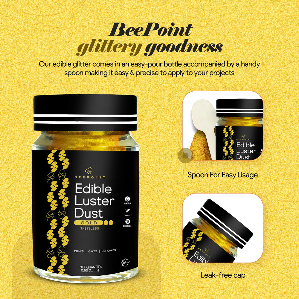 BeePoint brush applying gold dust on cake giving visible metallic finish benefit