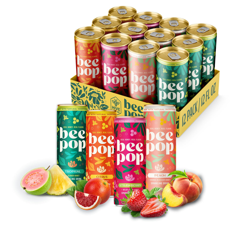 BeePop variety pack front view showing cans and flavor labels, highlights natural ingredients