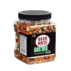 BEER NUTS front packaging of bar mix with resealable jar for easy storage and freshness