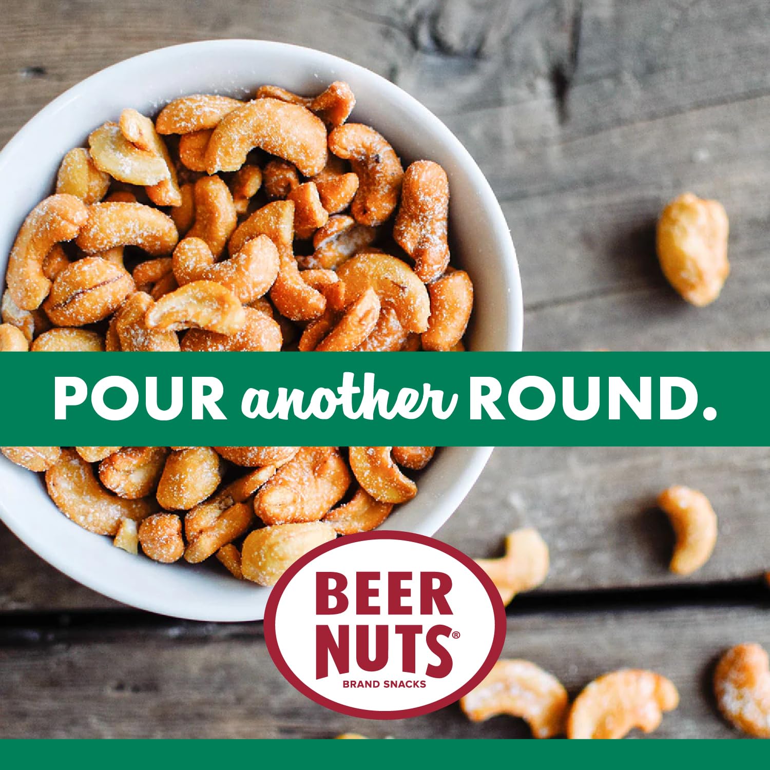 Beer Nuts cashews poured into a bowl for easy serving and sharing