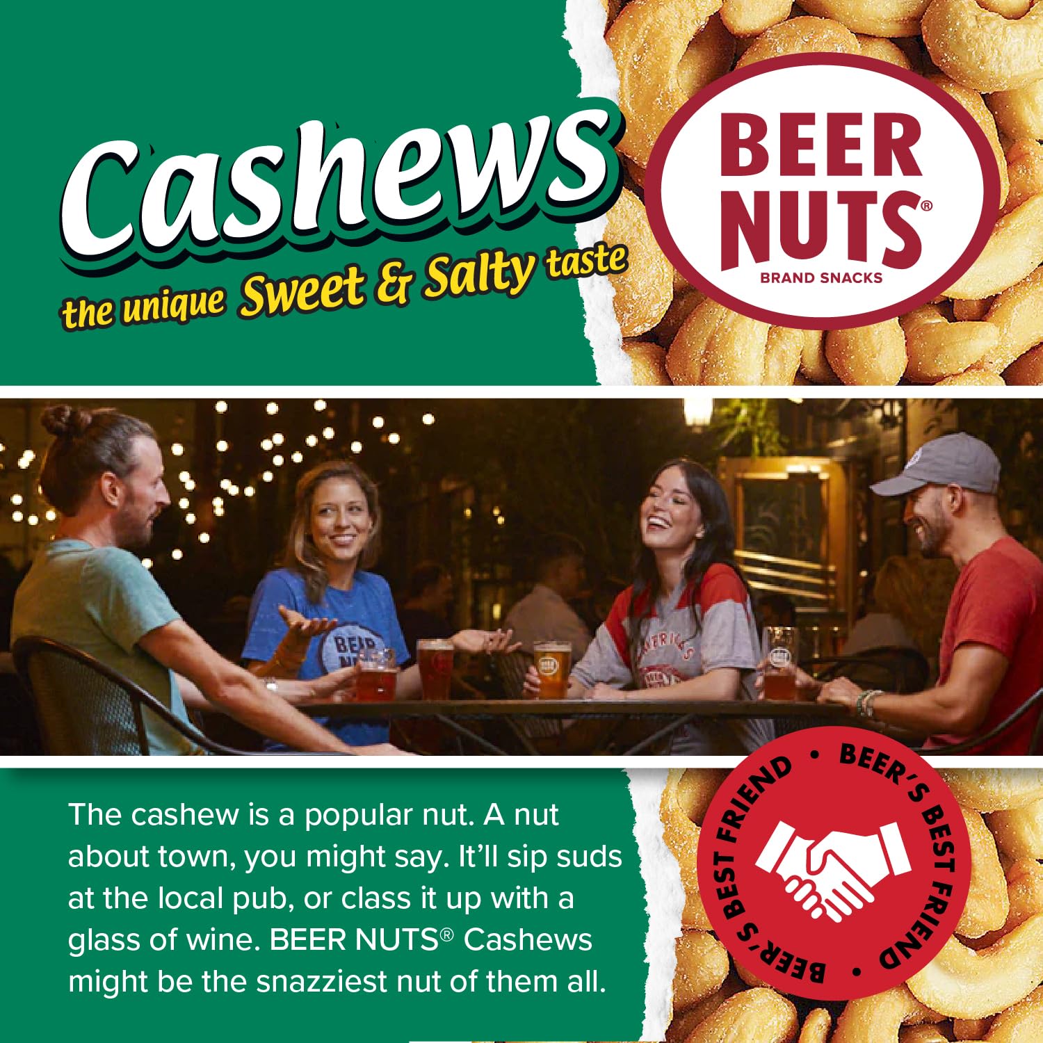 Beer Nuts cashews texture side view showing crunchy glazed surface