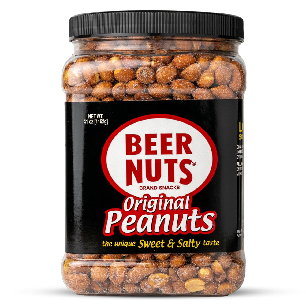 BEER NUTS front packaging showing jar and bold label benefit: ready-to-share