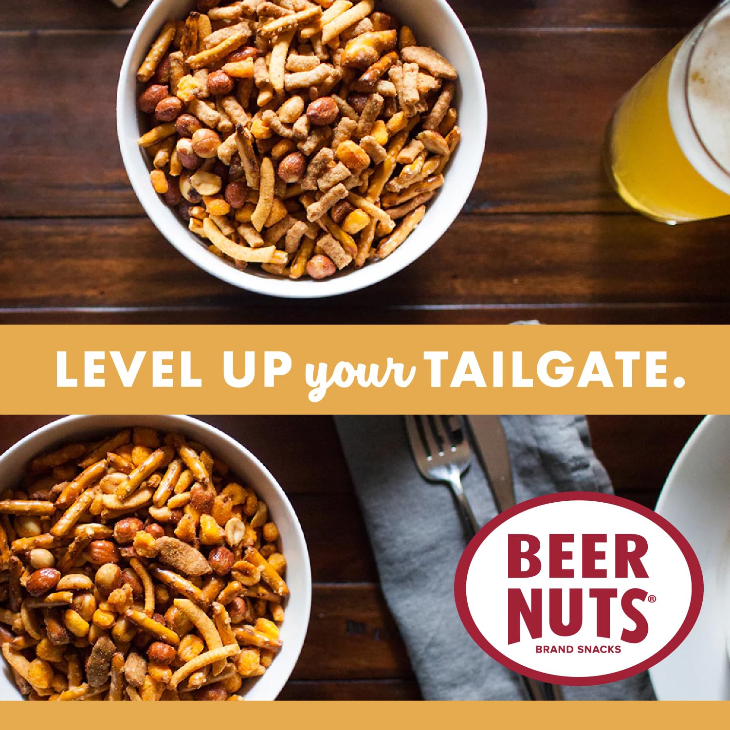 BEER NUTS open resealable bag demonstrating easy storage benefit