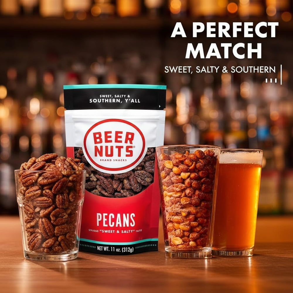 BEER NUTS open jar pouring pecans into bowl for easy serving