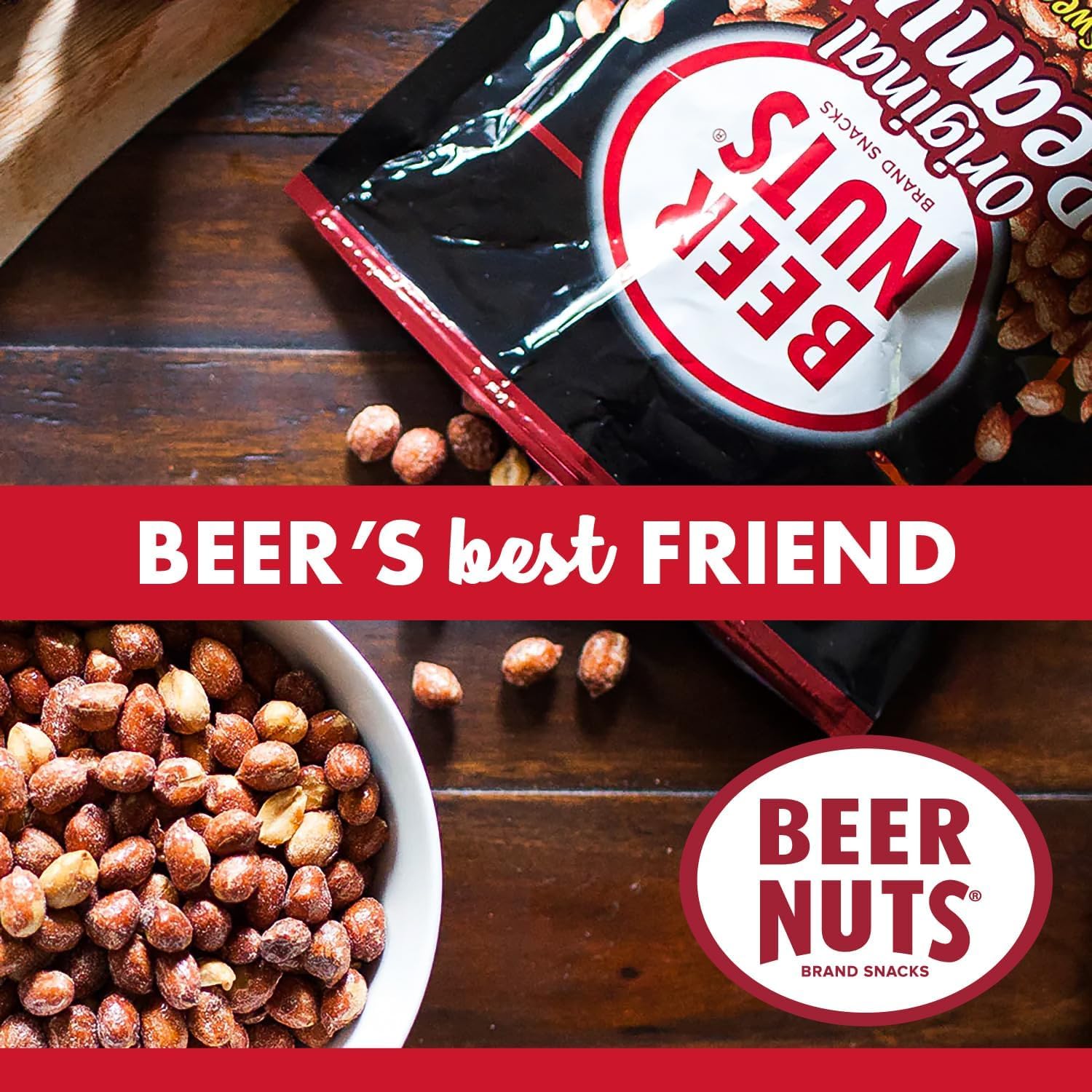 BEER NUTS label detail highlighting brand history and product quality