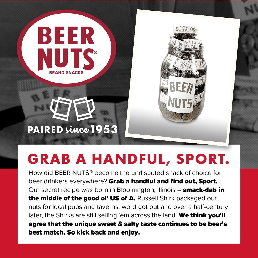 BEER NUTS jar held in hand showing 12oz scale for portion guidance