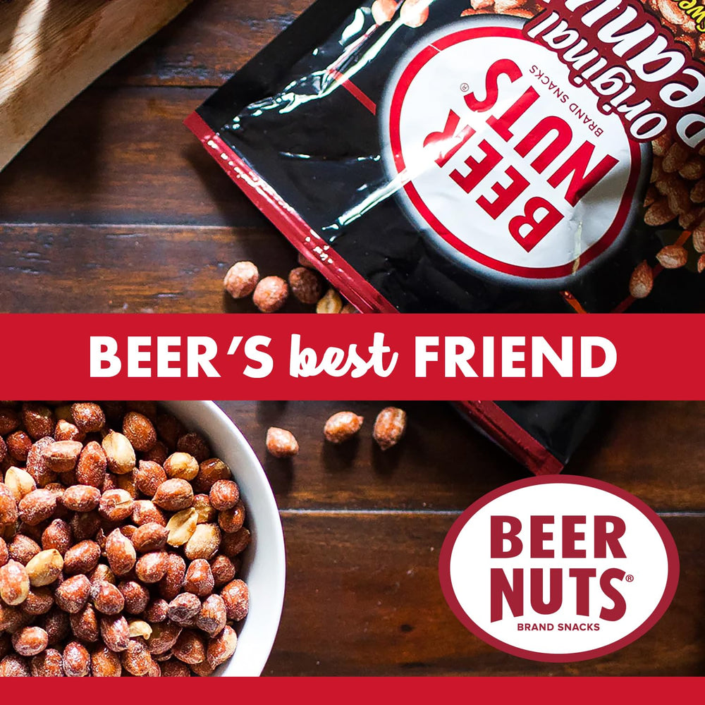 BEER NUTS held in hand for size comparison indicating generous 46oz supply
