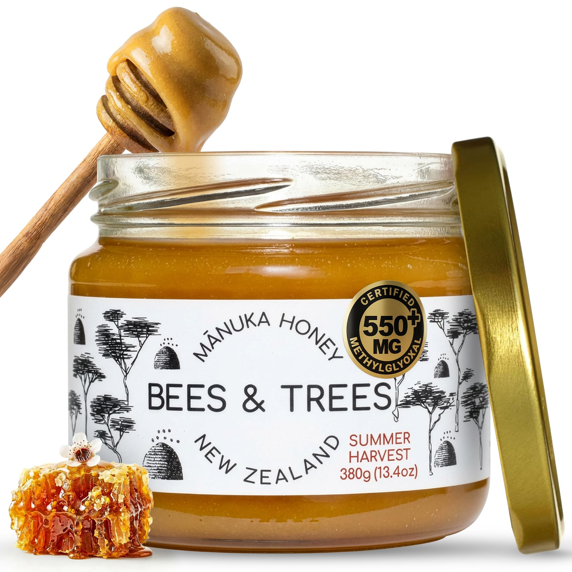 Bees & Trees front label on 380g glass jar showing MGO 550+ and brand clarity