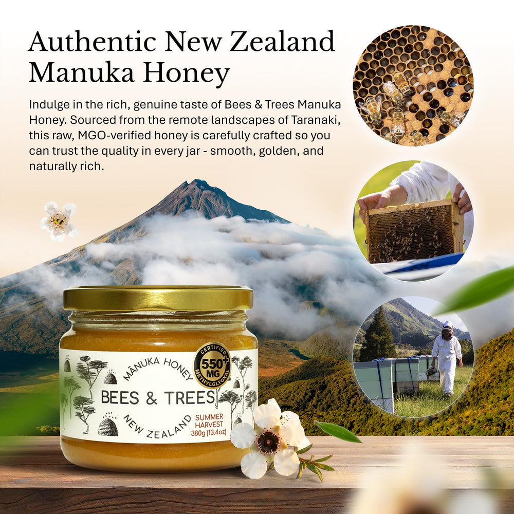 Bees & Trees open jar with spoon showing thick honey texture and rich creaminess