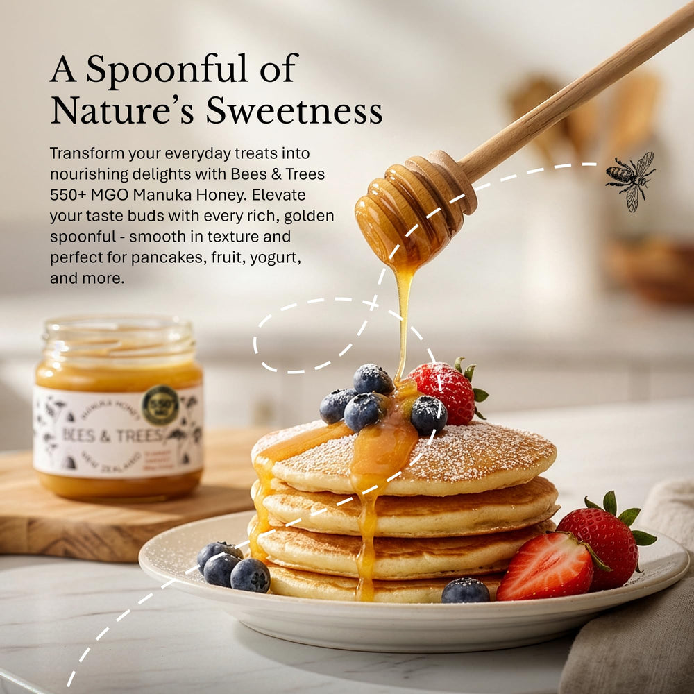 Bees & Trees manuka blossoms near hive illustrating natural New Zealand origin