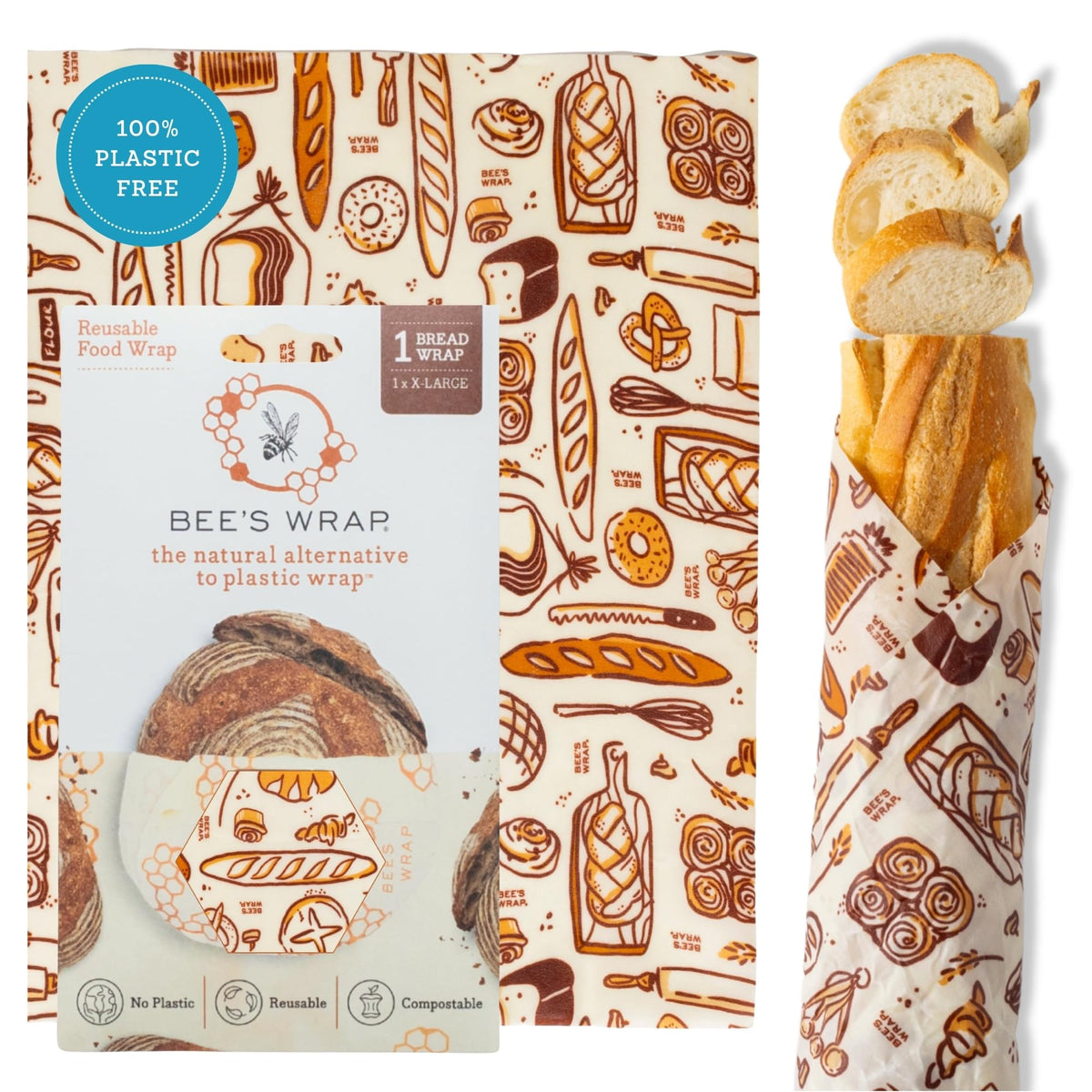 Bee's Wrap front packaging showing Bakery Lane print and size benefits