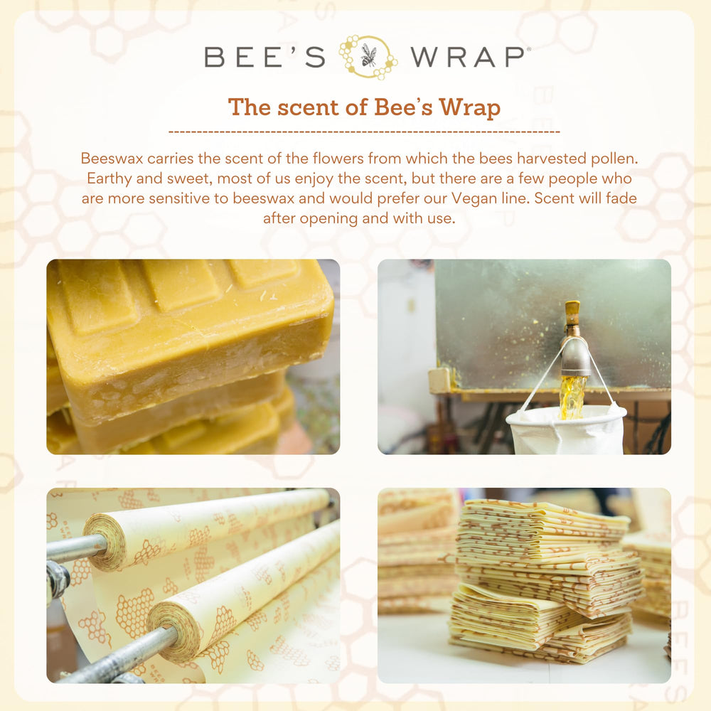 Bee's Wrap label close-up listing beeswax and organic plant oil materials