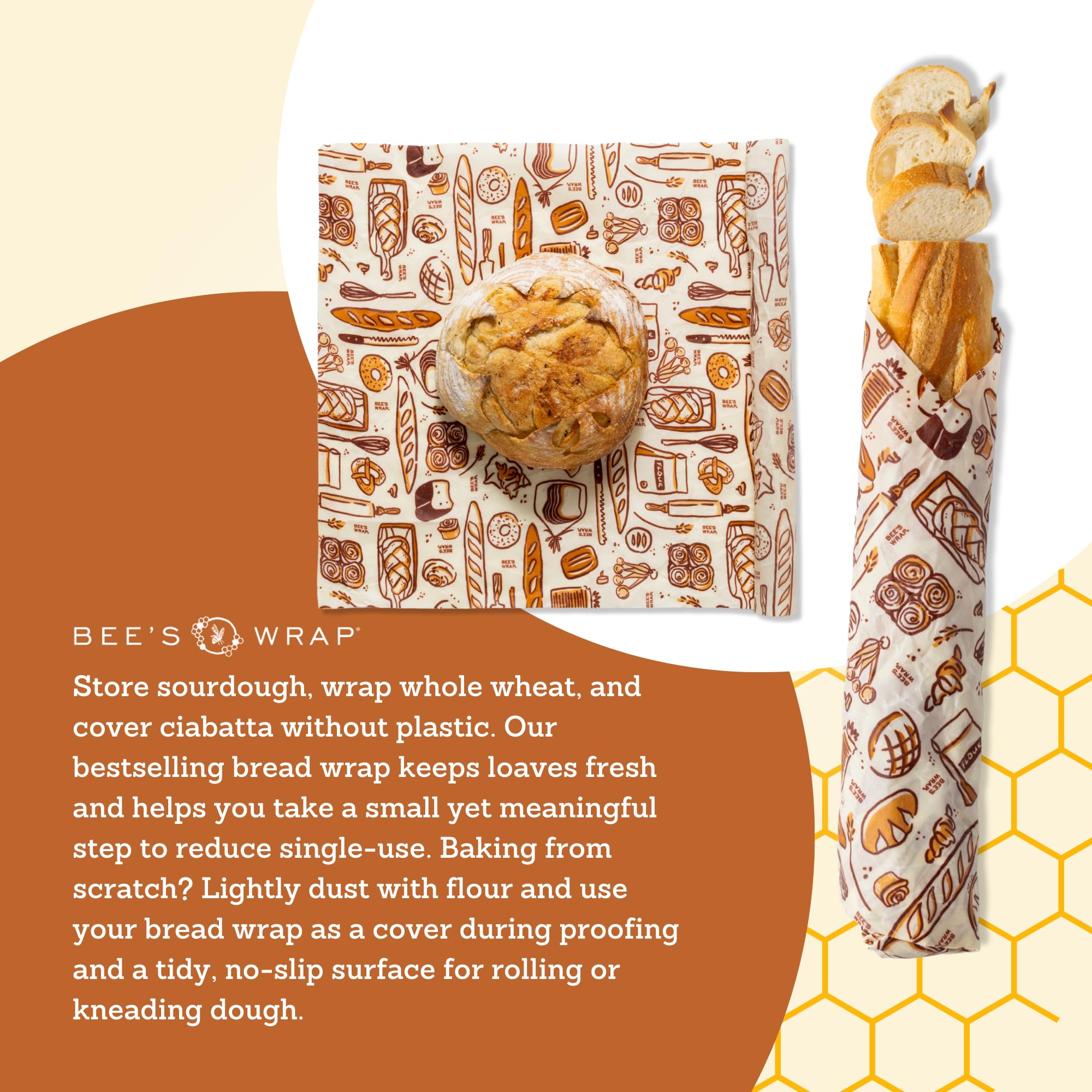 Bee's Wrap beside a ruler showing 17 by 23 inch size for loaf fit