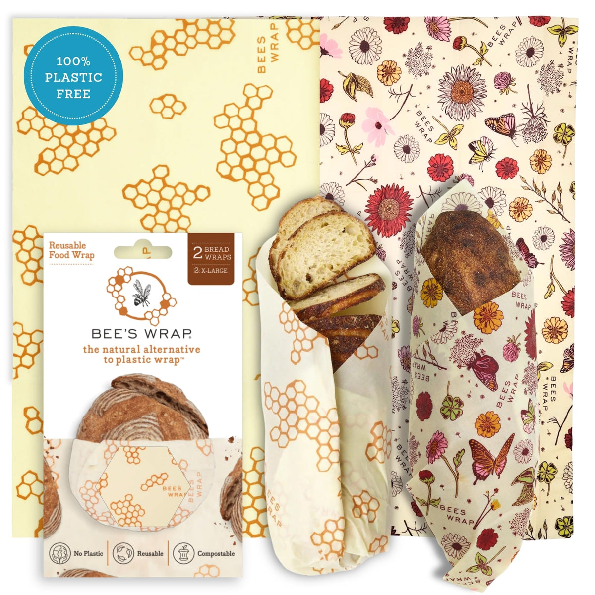 Bee's Wrap front packaging showing two bread wraps and brand benefits