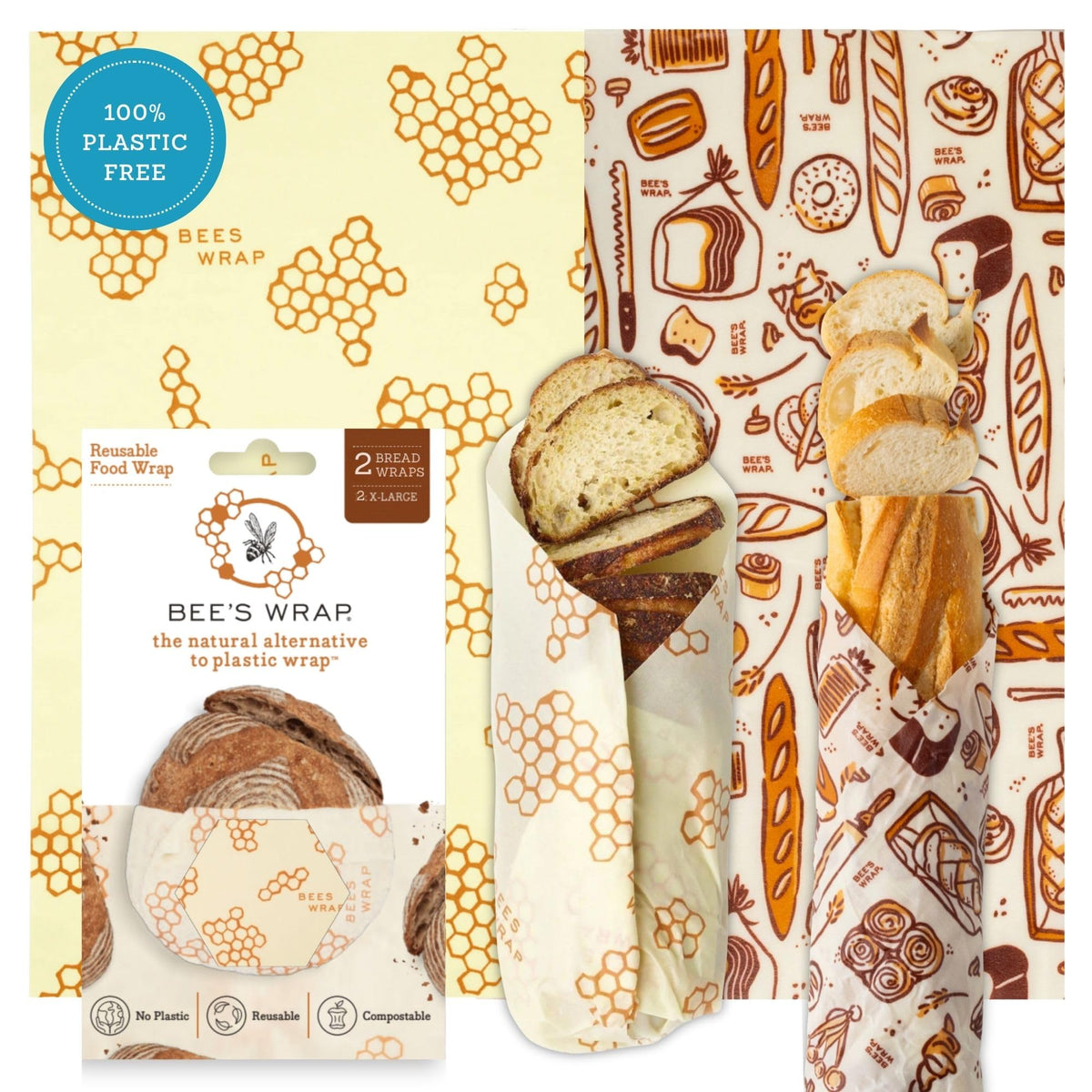 Bee's Wrap front packaging showing two printed bread wraps and reusable benefit