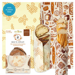 Bee's Wrap front packaging showing two printed bread wraps and reusable benefit