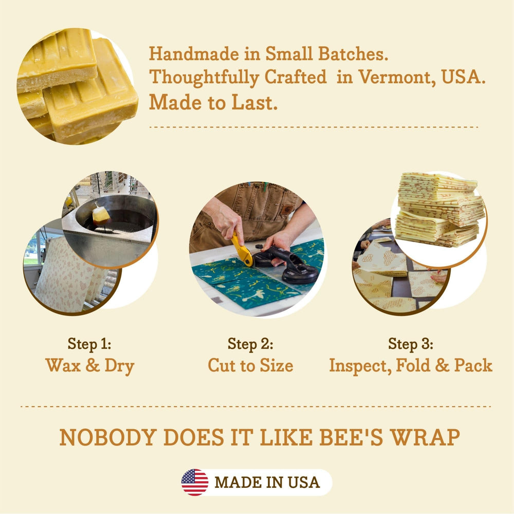 Bee's Wrap pair stacked to highlight Bakery Lane and Honeycomb prints benefit