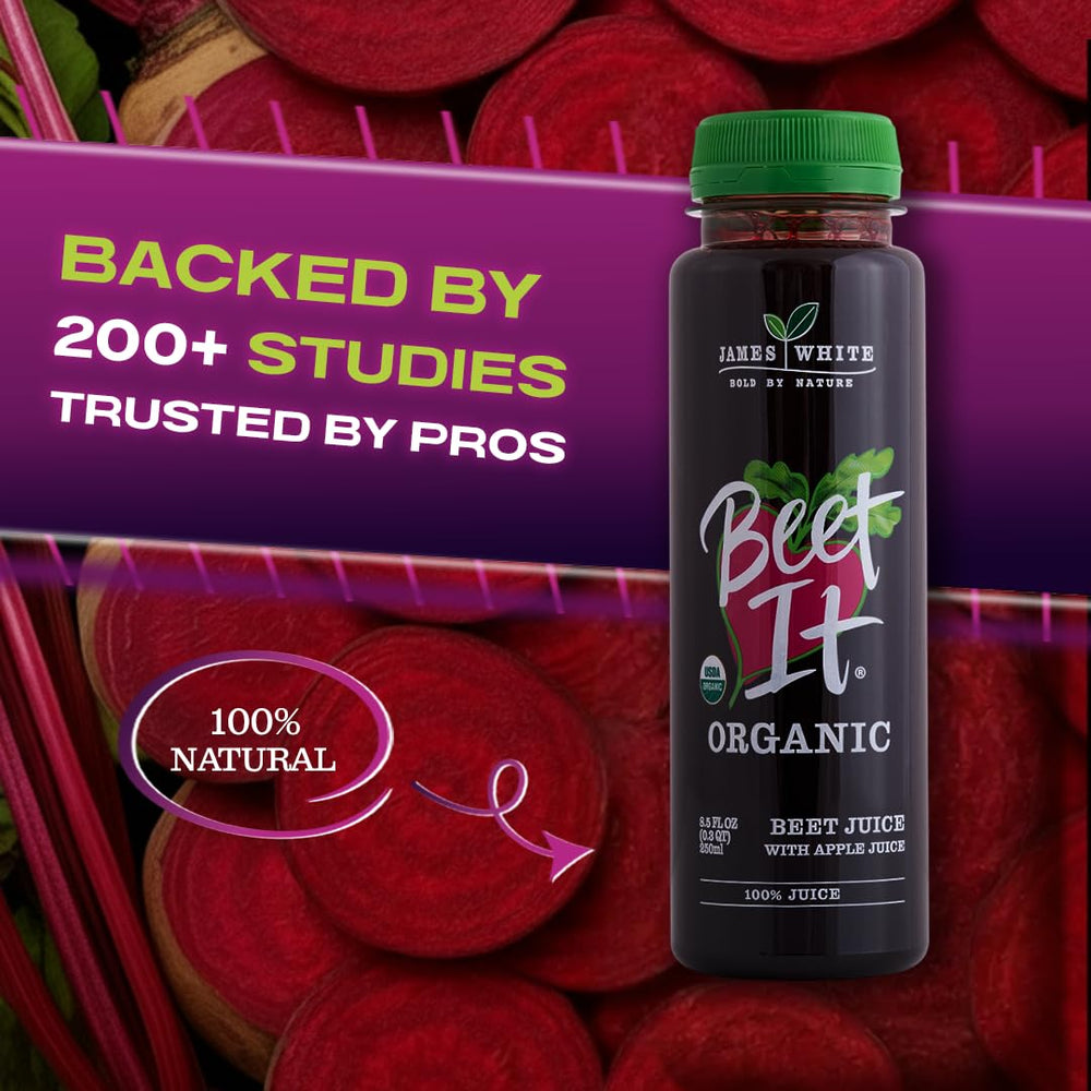 BEET IT bottle on a breakfast table with bowl and fruit showing morning convenience