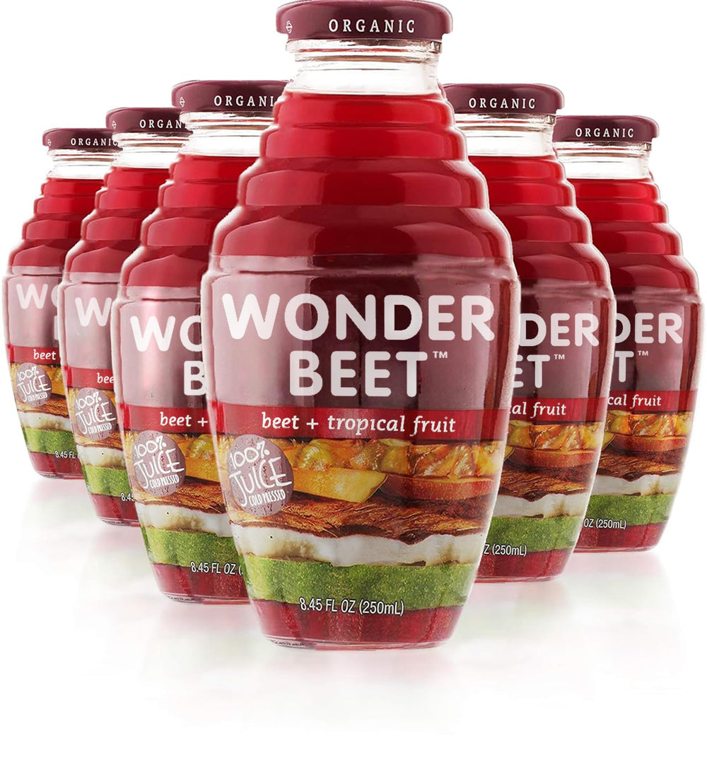 Beetology front packaging showing six 8.45oz bottles and colorful label benefits