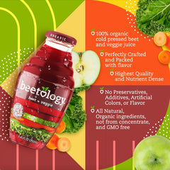 Pouring Beetology juice into a glass highlighting vivid color and ready-to-drink benefit