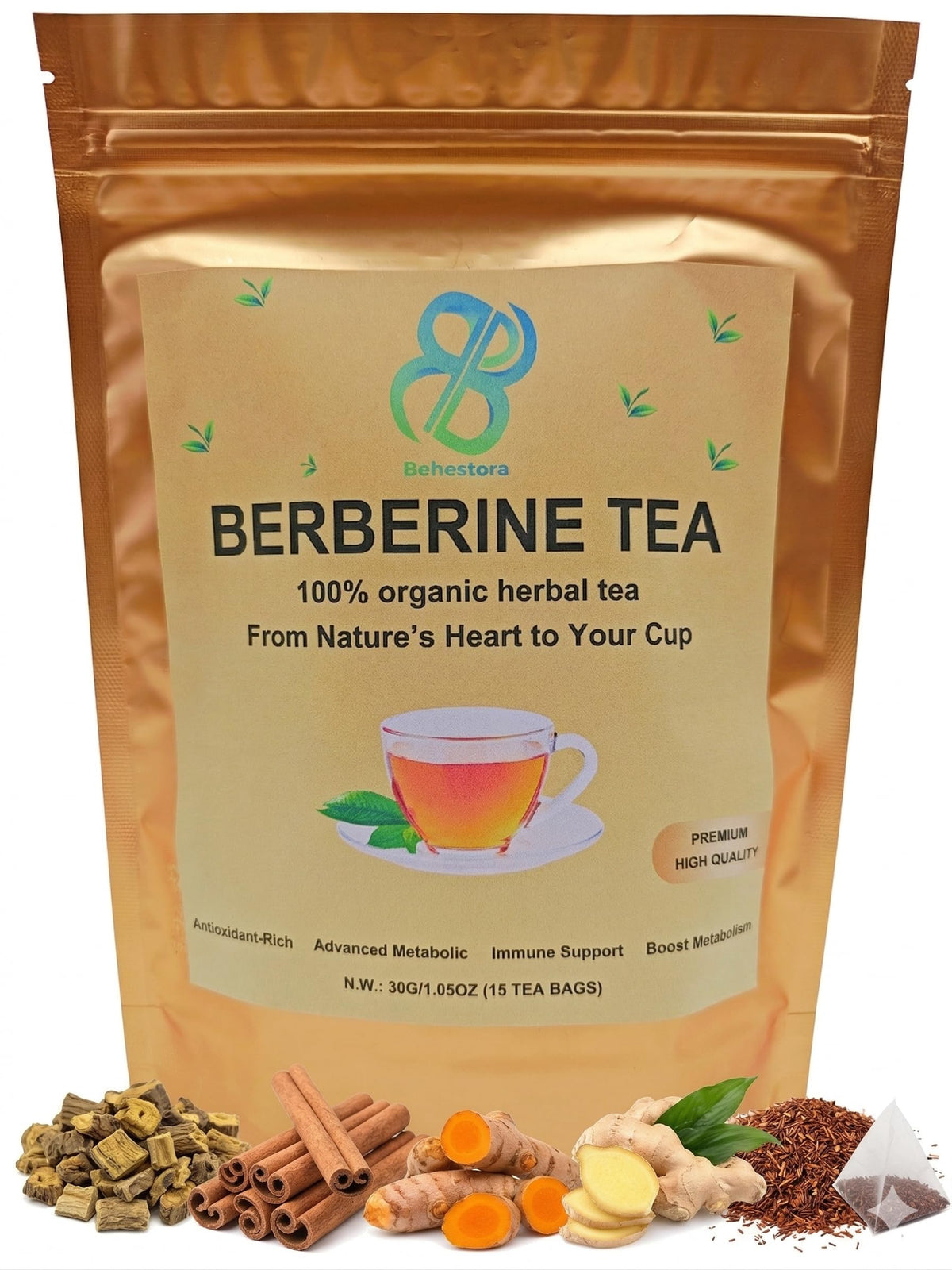 Behestora front packaging showing 15 sealed berberine tea bags and brand clarity