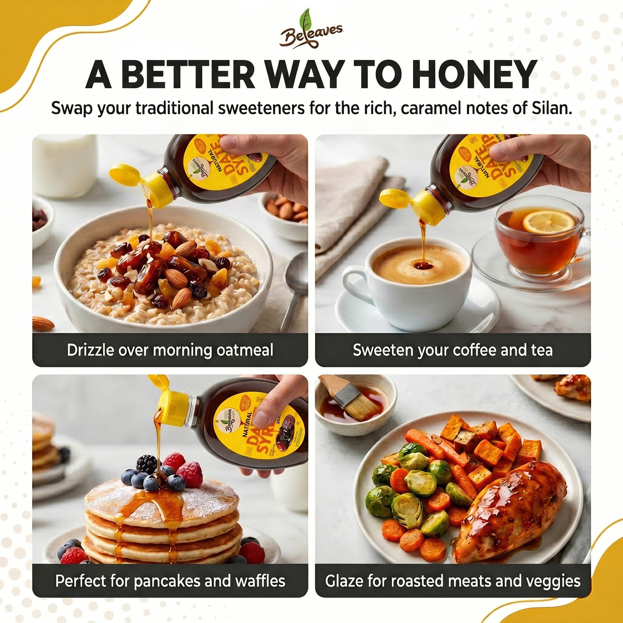 Beleaves drizzled over pancakes adding caramelized flavor and gloss