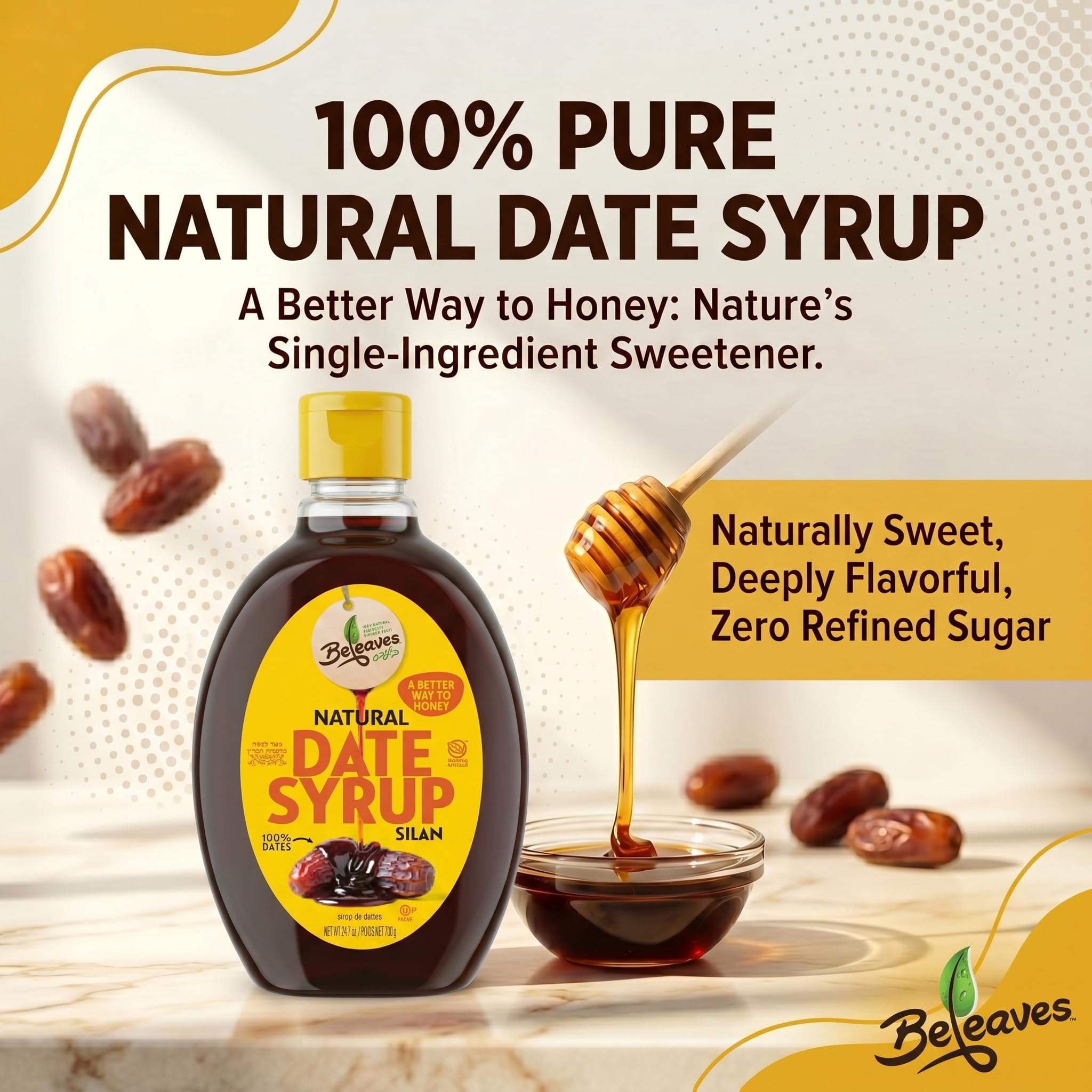 Beleaves spoon texture shot highlighting thick, glossy date syrup