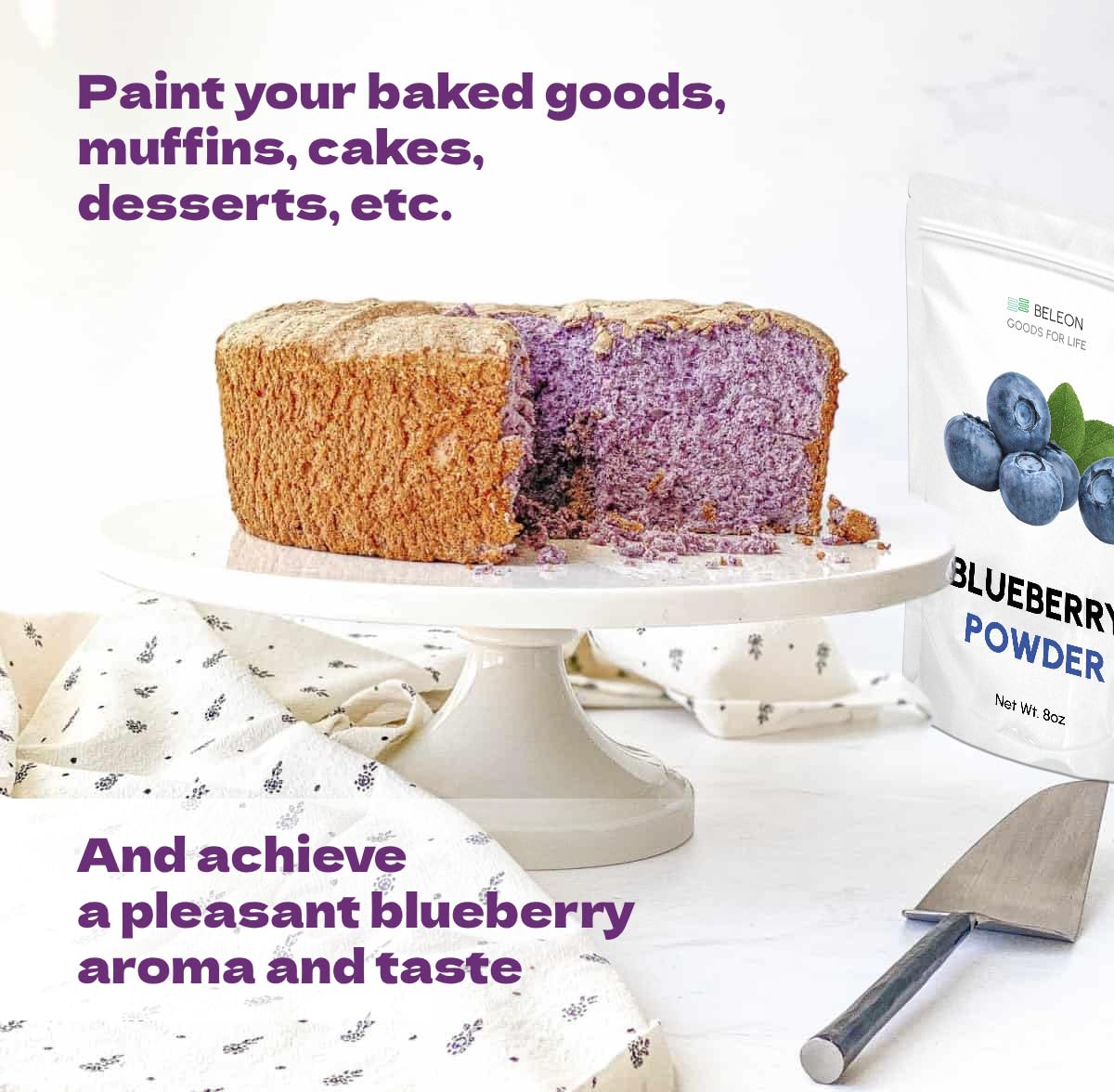 Beleon Goods For Life powder next to measuring spoon and scale illustrating portion control