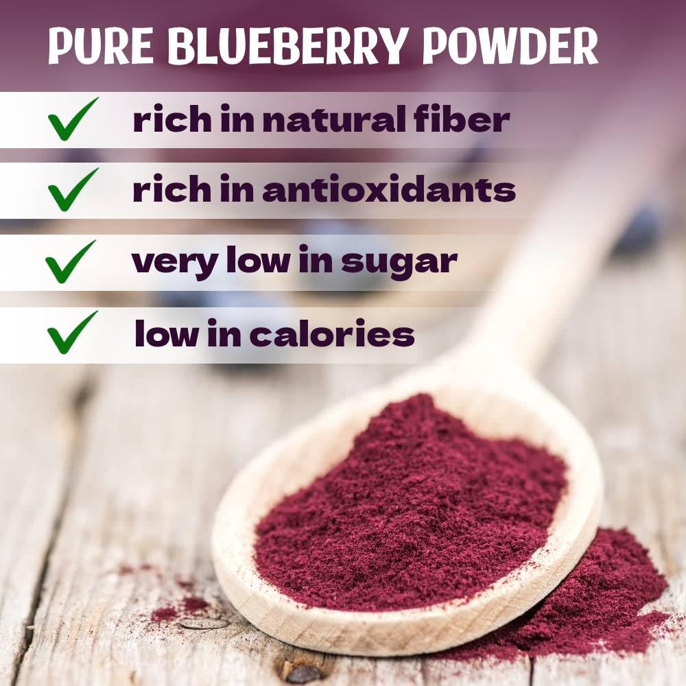 Beleon Goods For Life spoon of fine blueberry powder highlighting texture and concentrated flavor