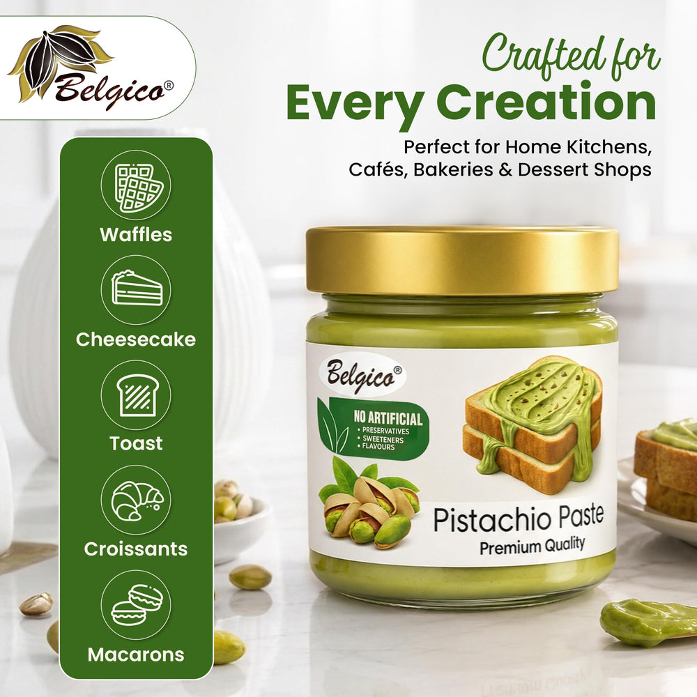Belgico pistachio cream used as a chocolate bar filling holding shape and rich taste
