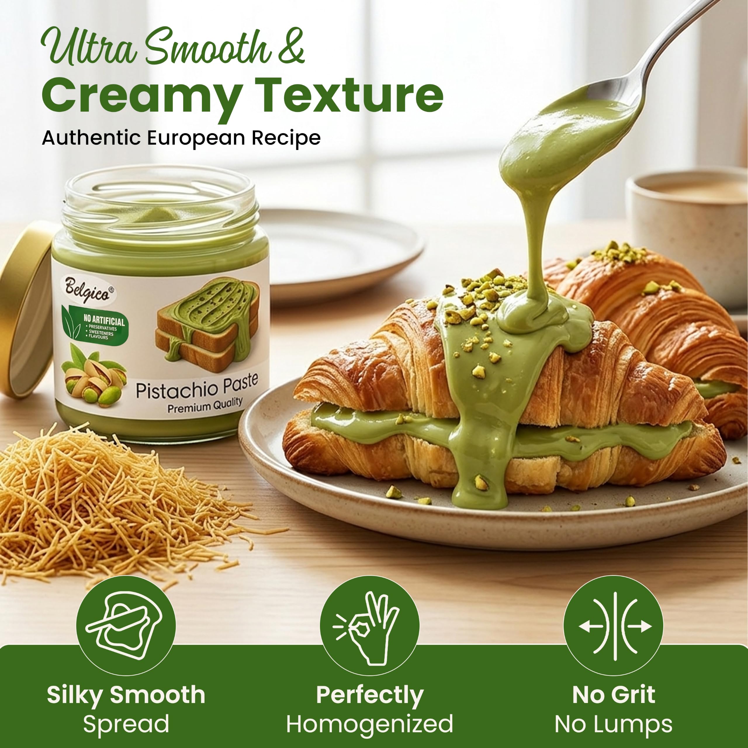 Belgico jar open showing smooth pistachio cream texture for easy spreading and mixing