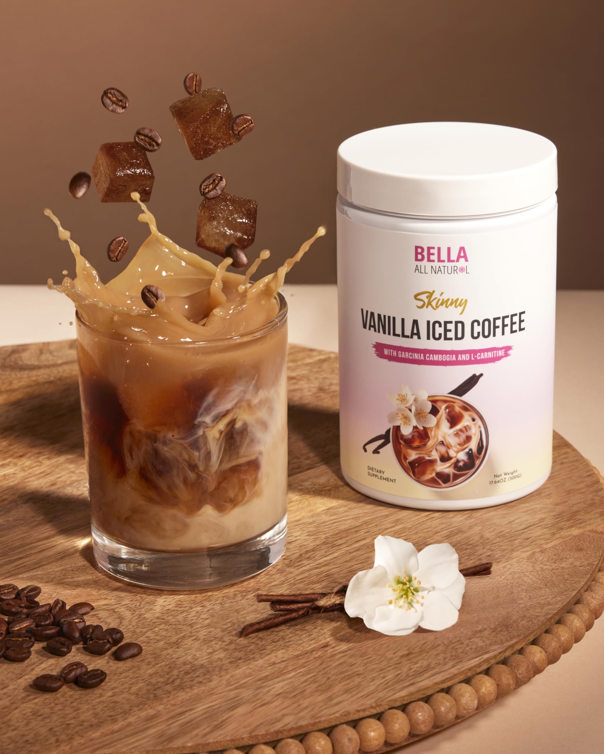 Bella All Natural iced coffee beside gym gear showing convenient pre- or post-workout beverage