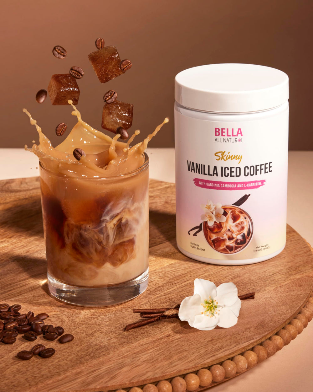 Bella All Natural iced coffee beside gym gear showing convenient pre- or post-workout beverage