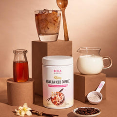Bella All Natural prepared iced coffee in glass showing creamy vanilla cold drink ready to enjoy