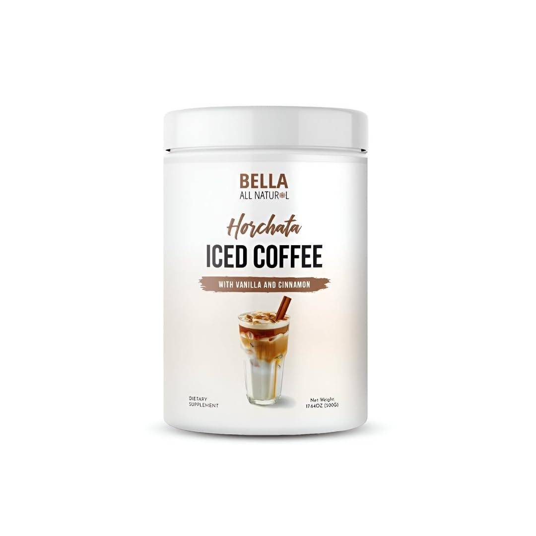 Bella All Natural front pouch shot showing horchata iced coffee and clear benefits