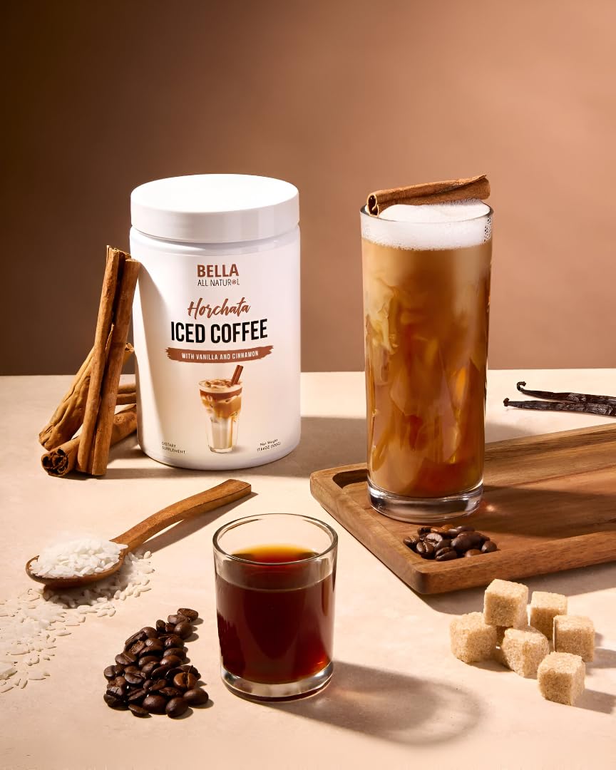 Bella All Natural scoop beside coin for scale showing 30-serving convenience benefit
