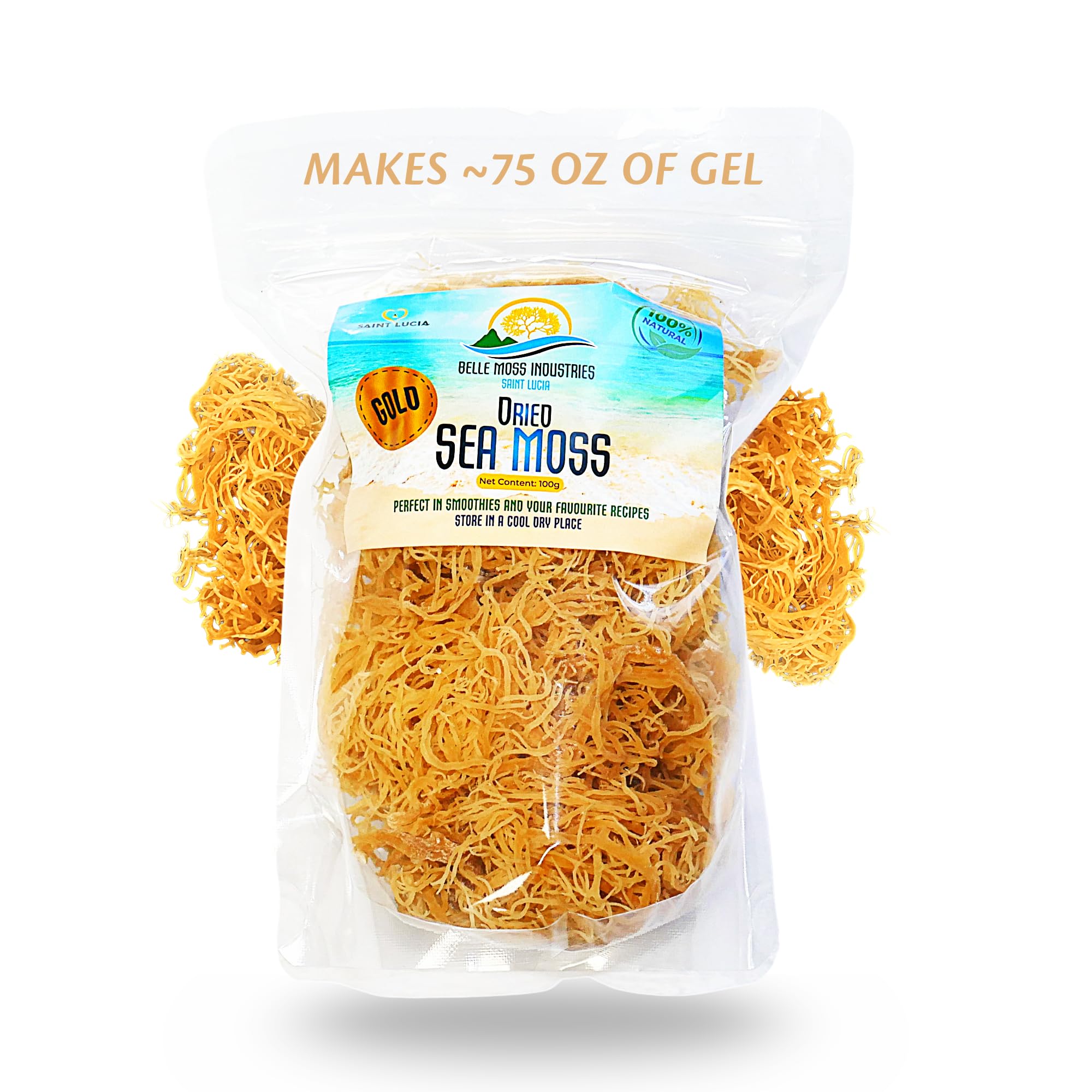 Belle Moss front package showing golden 3.5 oz and branding, clear product benefit